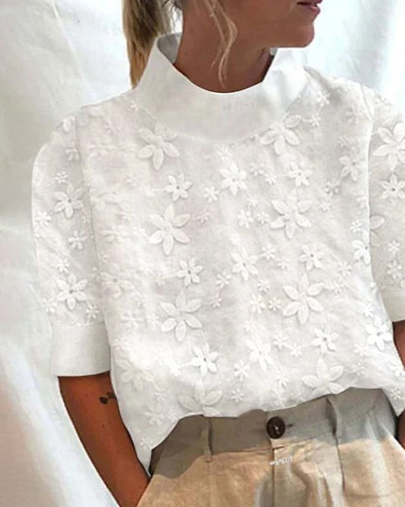 Sabine Solid Top with Embroidered Stand Collar